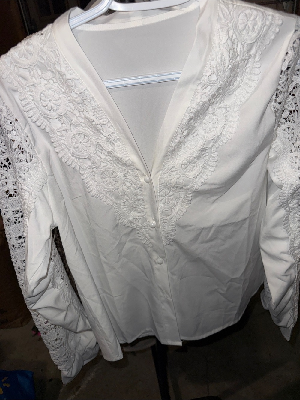 White Lace-Detail Button-Down Blouse
